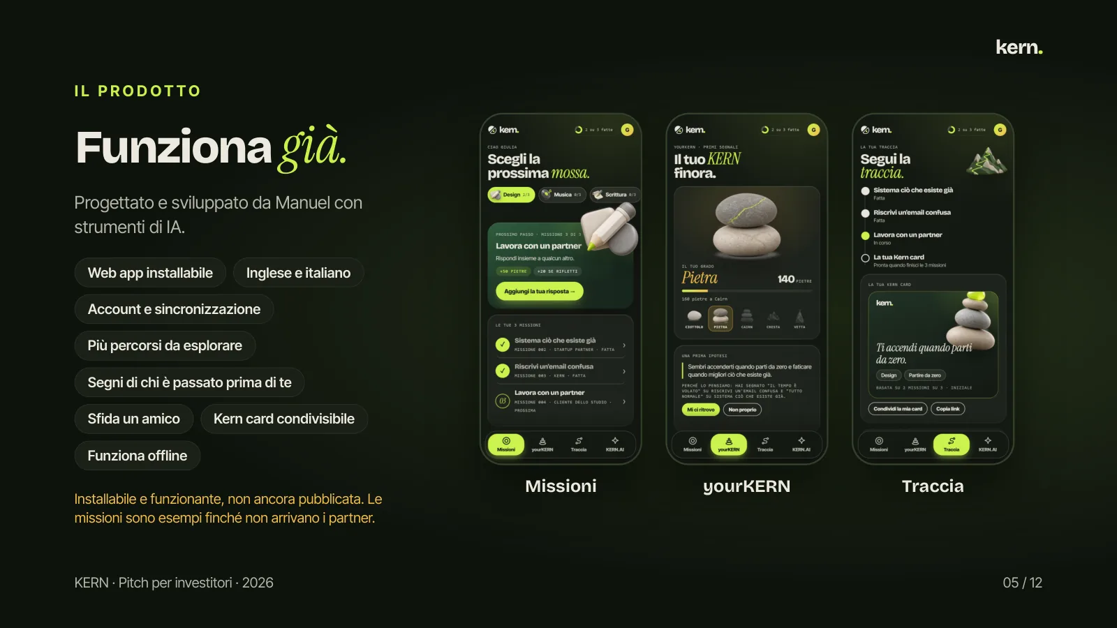 I L P R O D O T T O Funziona già. Progettato e sviluppato da Manuel con strumenti di IA. Web app installabile Inglese e italiano Account e sincronizzazione Più percorsi da esplorare Segni di chi è passato prima di te Sfida un amico Kern card condivisibile Funziona offline Installabile e funzionante,